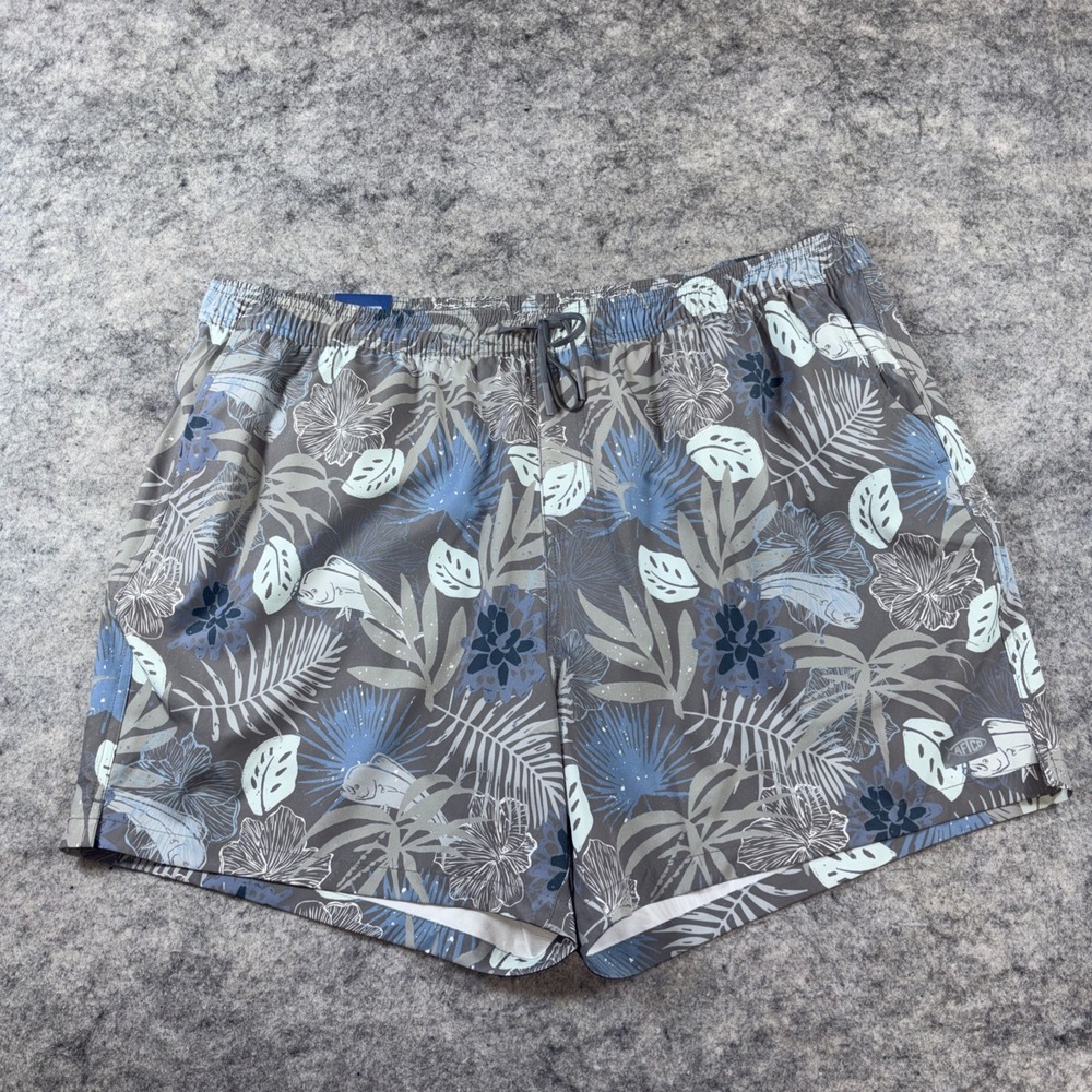 New AFTCO Swim Trunks Men's 2XL Gray & Blue Floral‎ Fish Lined Pockets Quick Dry
